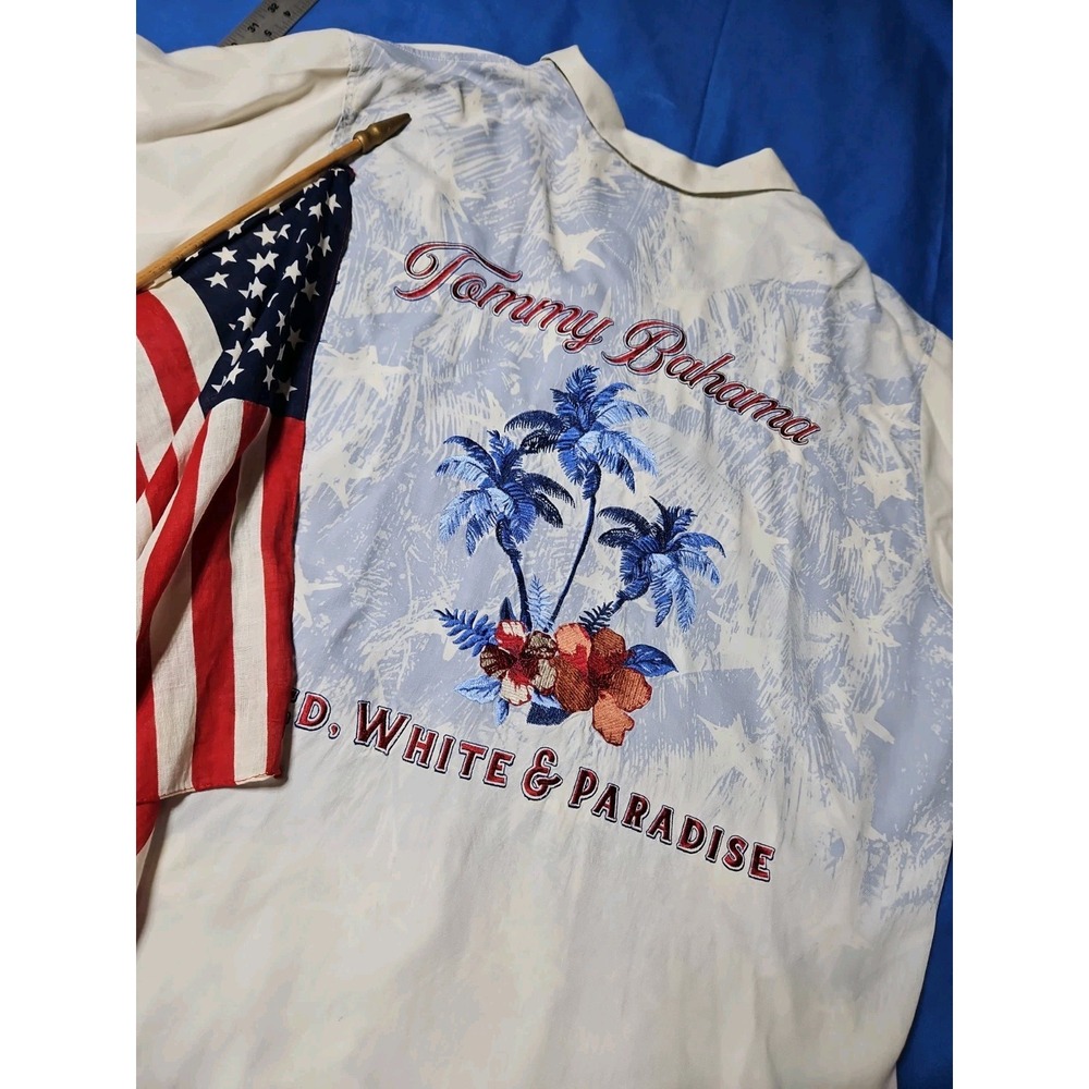Tommy Bahama Red White & Paradise Hawaiian Shirt Silk Embroidered Palm Trees XXL